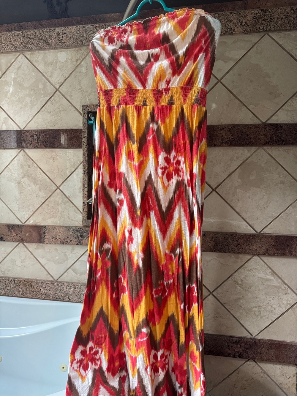 Lucky Brand Strapless Chevron Floral Maxi Dress in Red, Yellow and Brown